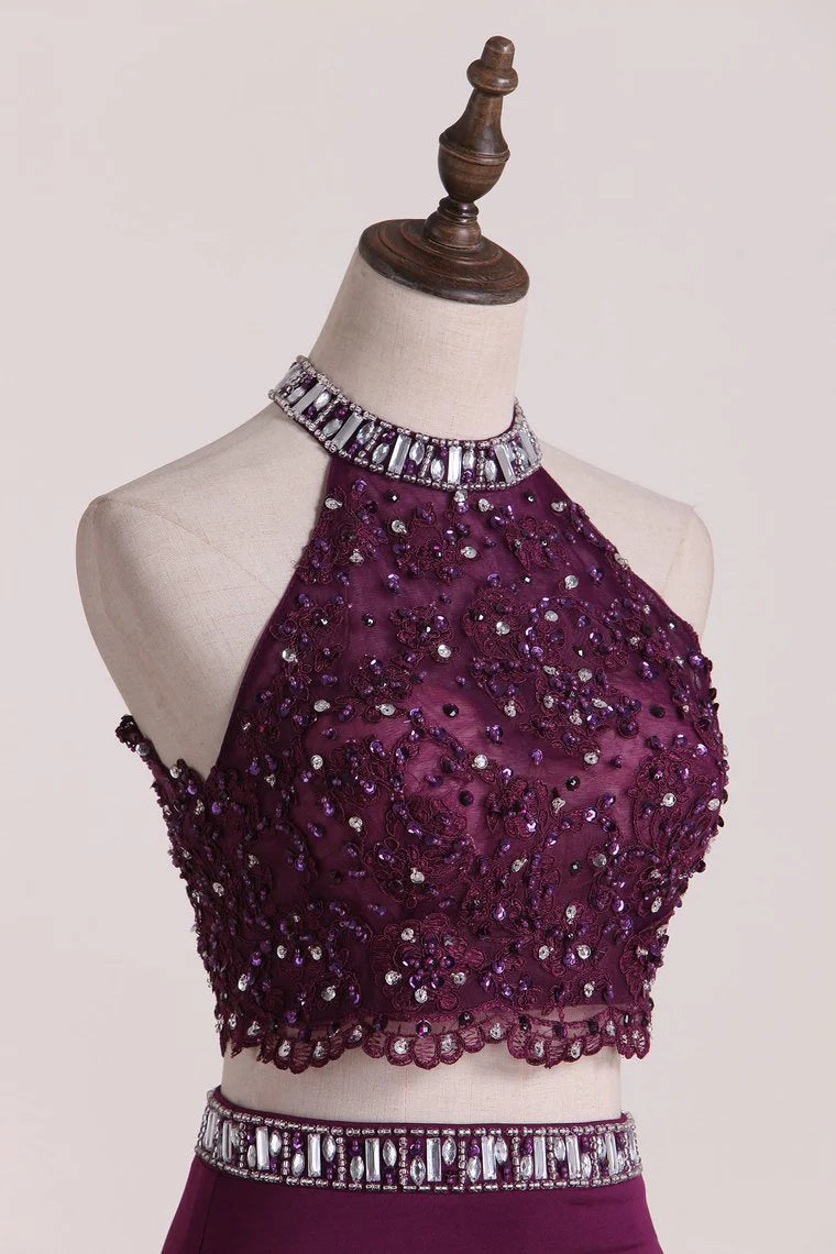 Two-Piece High Neck Party Dresses Mermaid With Applique Spandex